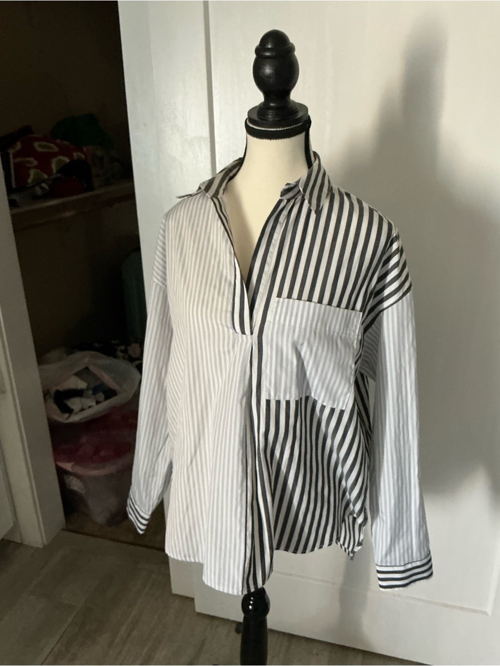 French Connection Black and White Mixed-Stripe tunic style blouse
